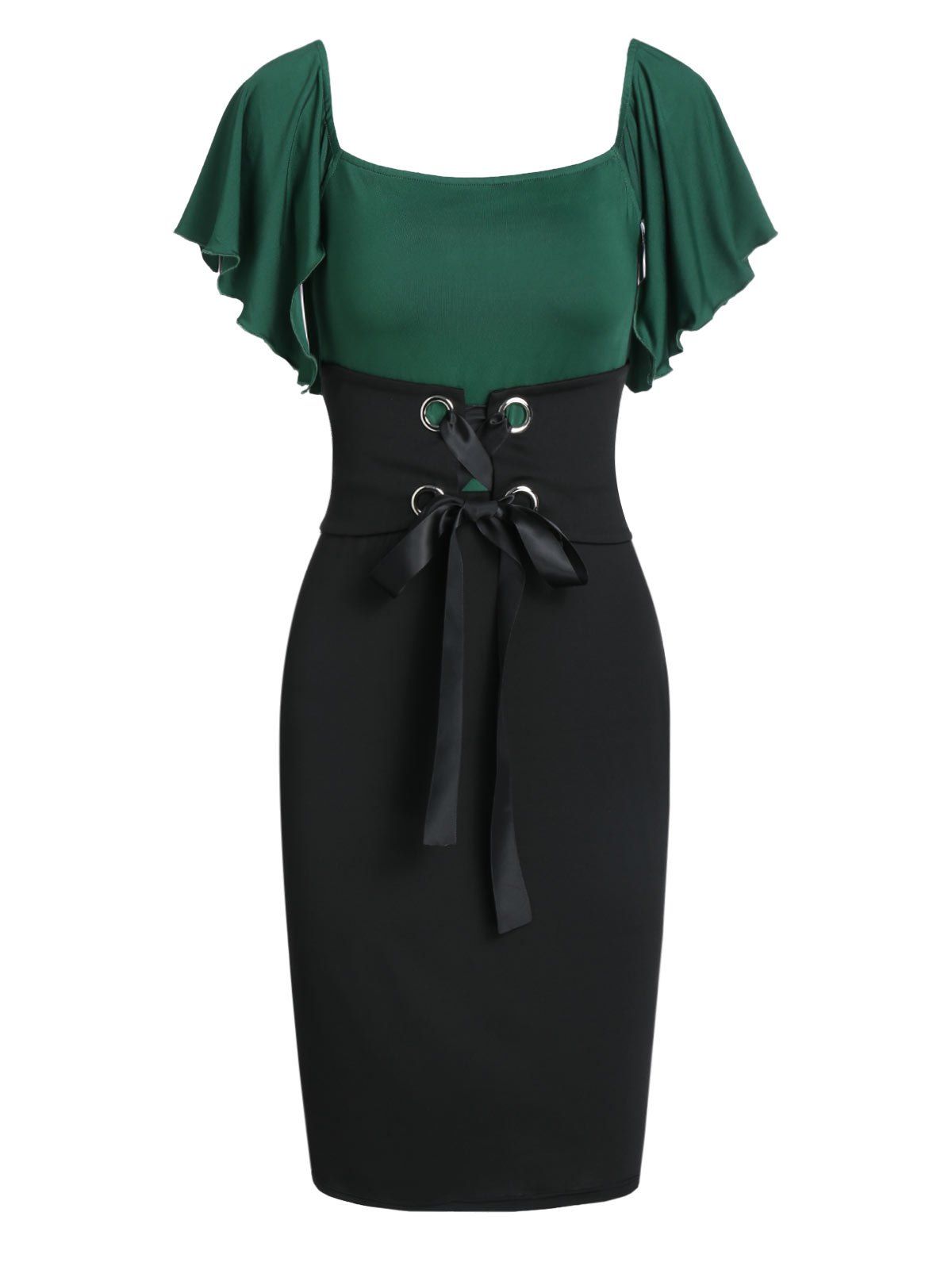 

Flutter Sleeve Colorblock Lace Up Tight Dress, Medium sea green