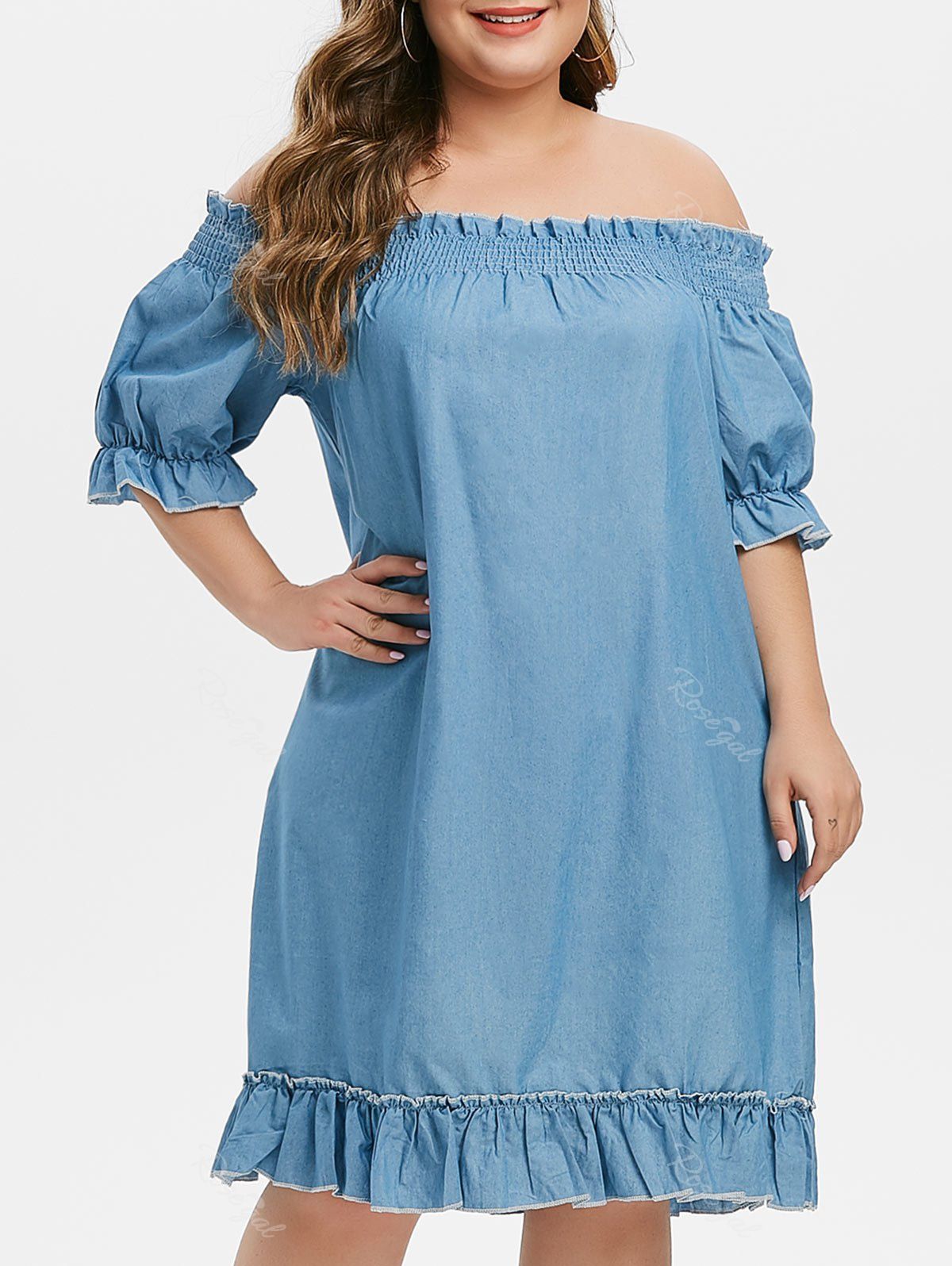 

Plus Size Chambray Smocked Off Shoulder Ruffle Hem Dress, Blue