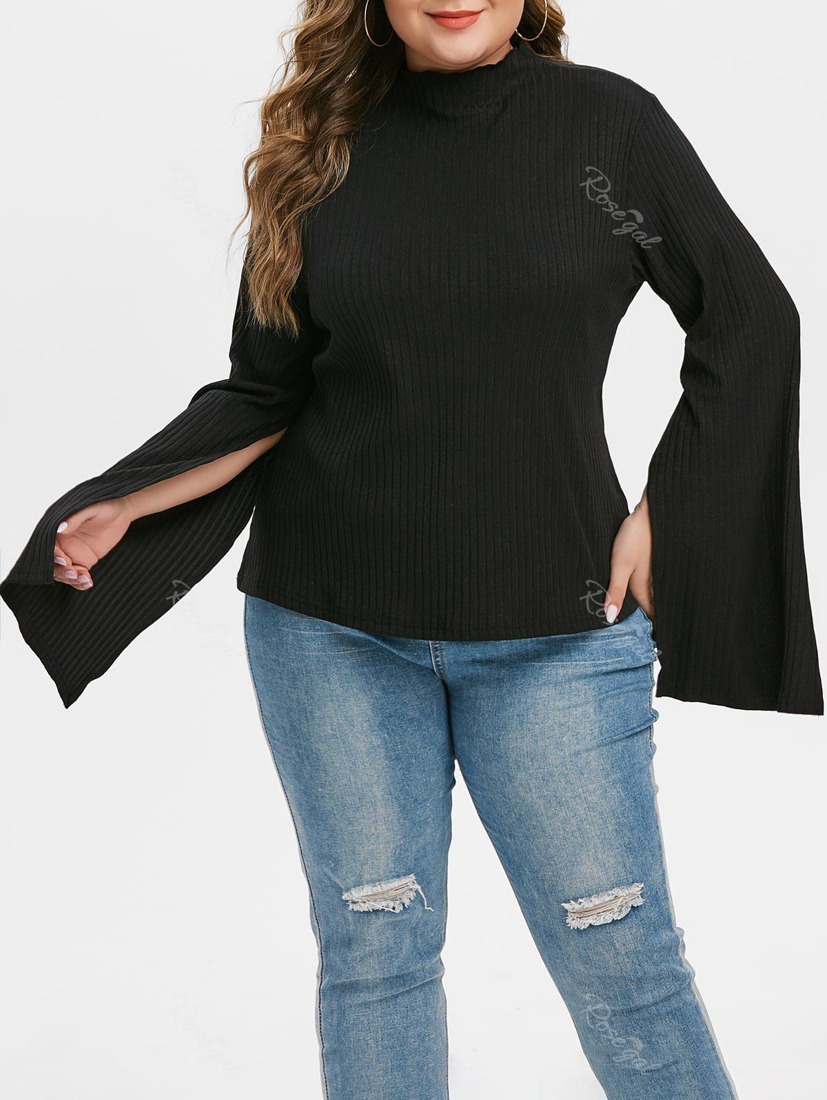 

Plus Size Slit Sleeve Ribbed Sweater, Black