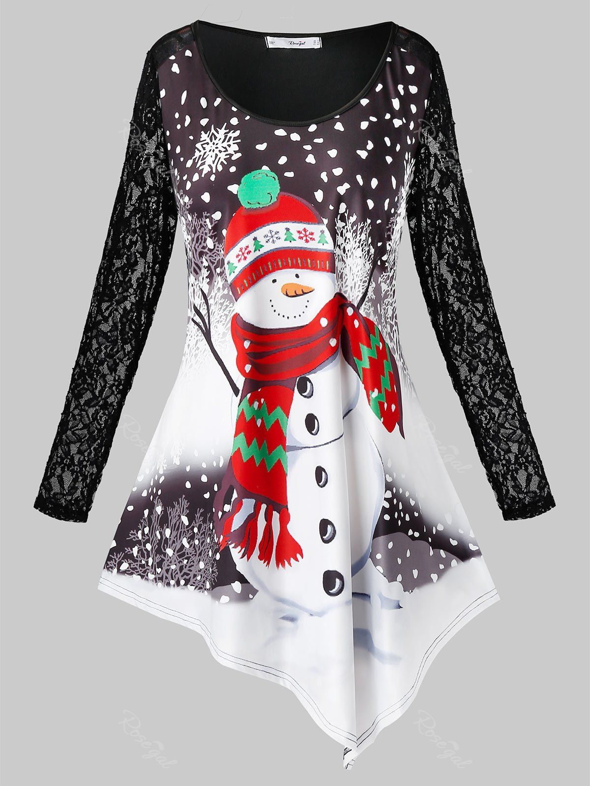 

Plus Size Christmas Lace Sleeve Snowman Print T Shirt, Black