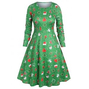 

Plus Size Christmas Printed Midi A Line Dress, Green