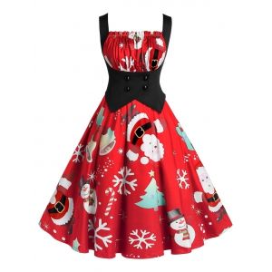 

Plus Size A Line Pleated Christmas Printed Dress, Chestnut red