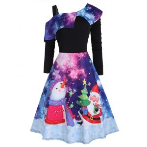 

Plus Size Christmas Printed 3D Galaxy Skew Neck Dress, Nebula