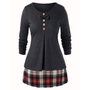 

Plus Size Bowknot Plaid Hem Heathered T Shirt, Gray