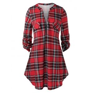 

Plus Size Half Zip Roll Up Sleeve Plaid Blouse, Red wine