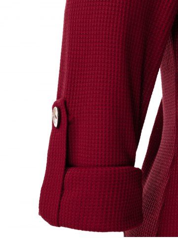 

Plus Size Lace Panel Roll Tab Sleeve Buttoned Pleated Knitwear, Red wine