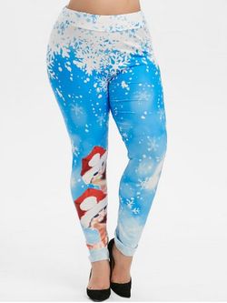 Más el tamaño de copo de nieve de Navidad del gato de impresión leggings - CRYSTAL BLUE - 2X