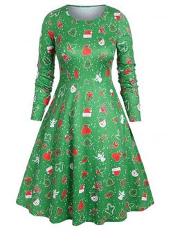 Plus Size Christmas Printed Midi A Line Dress - GREEN - 2X