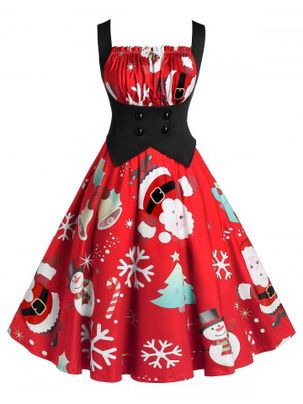 Plus Size A Line Pleated Christmas Printed Dress