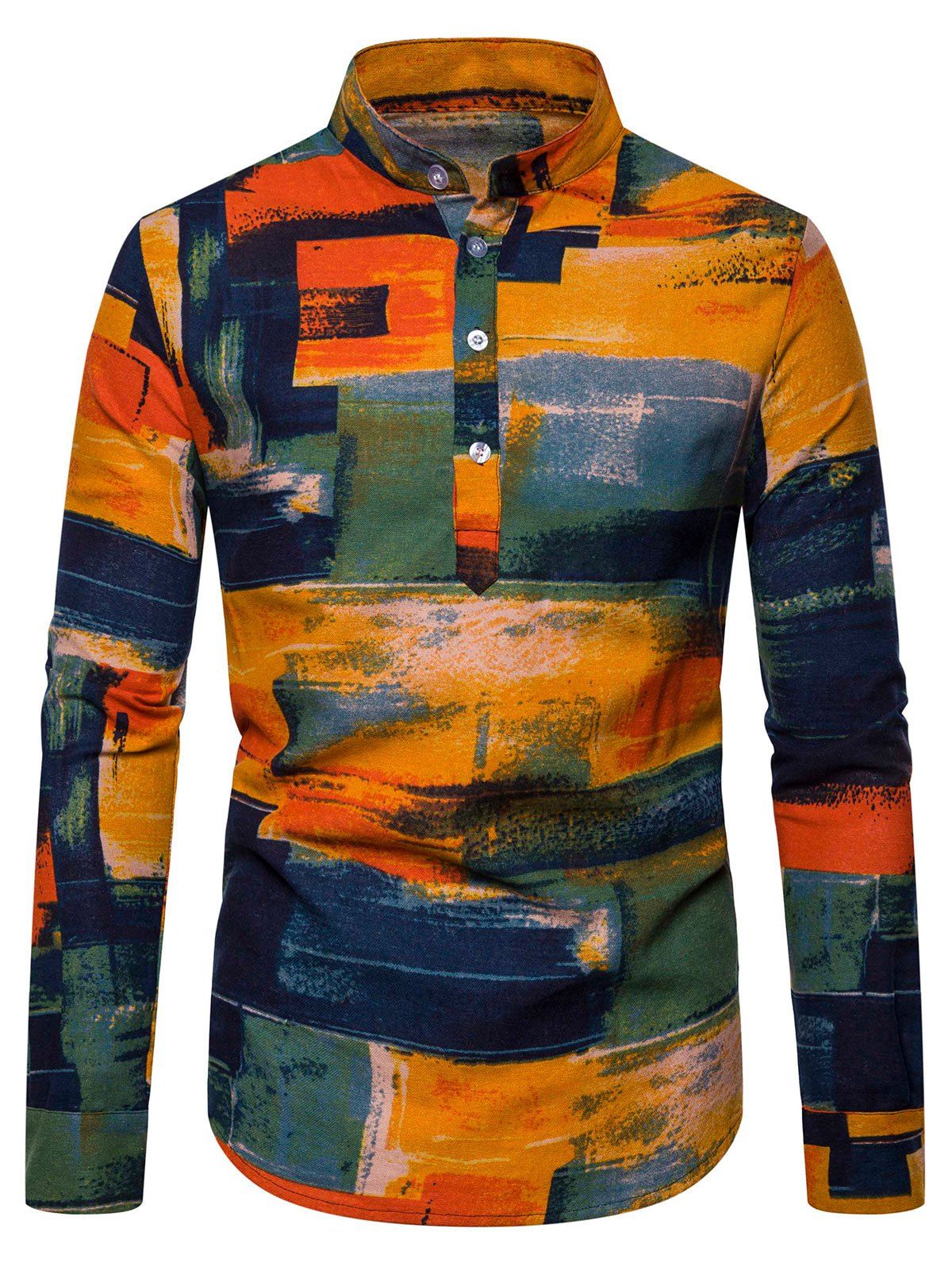

Paint Stroke Print Linen Stand Collar Shirt, Multi-b