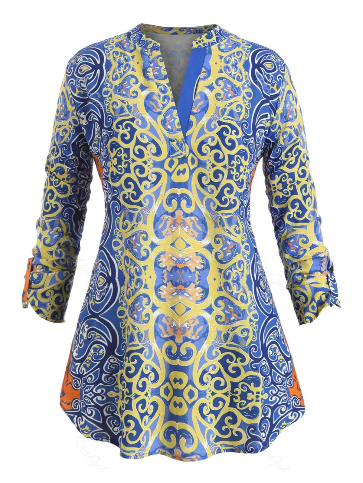 

Plus Size Printed V Neck High Low Blouse, Multi