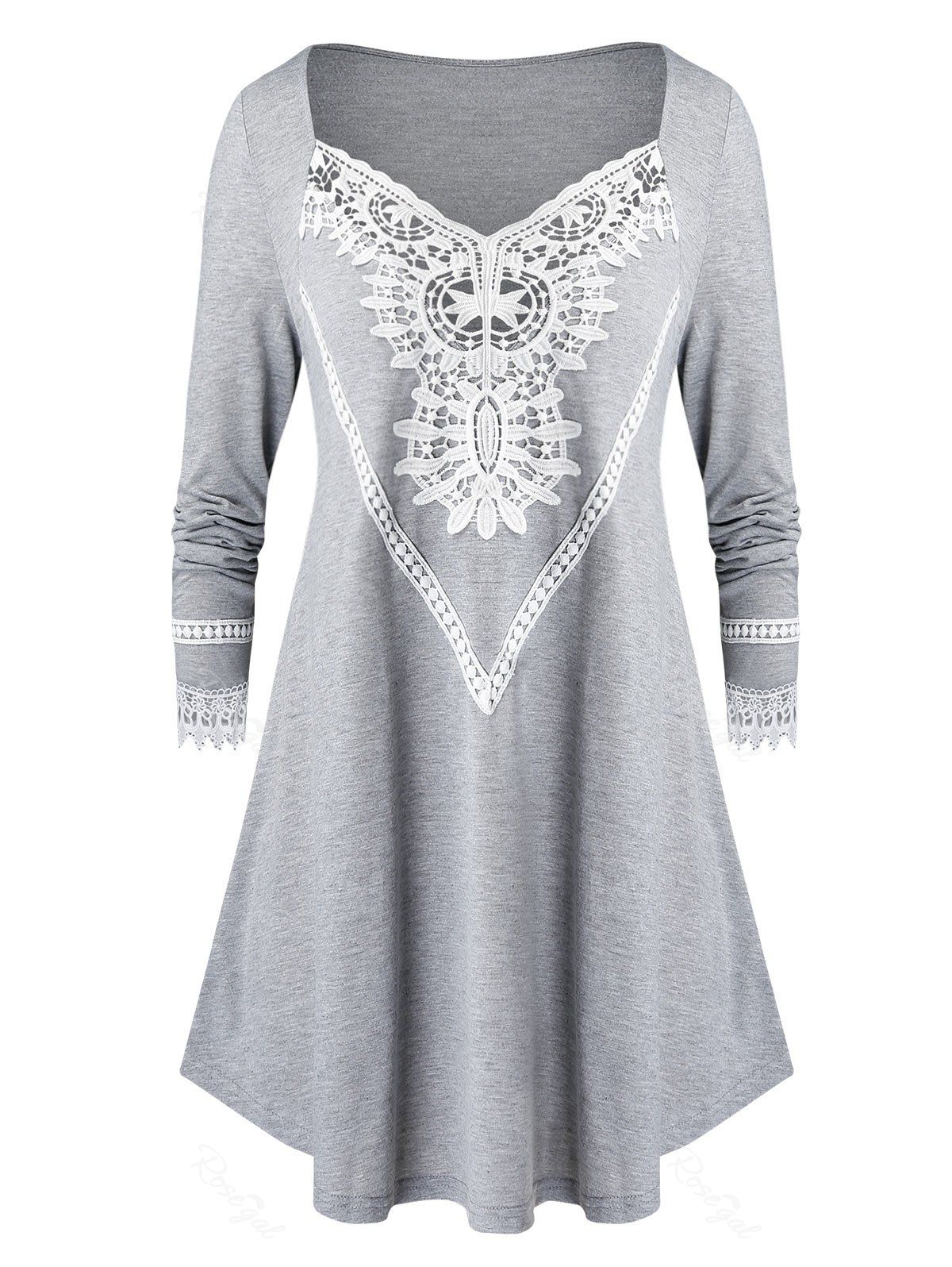

Plus Size Lace Insert Long Tunic T Shirt, Gray