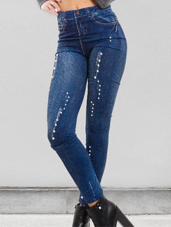 

3D Print Beading Embellished High Rise Skinny Jeggings, Denim dark blue