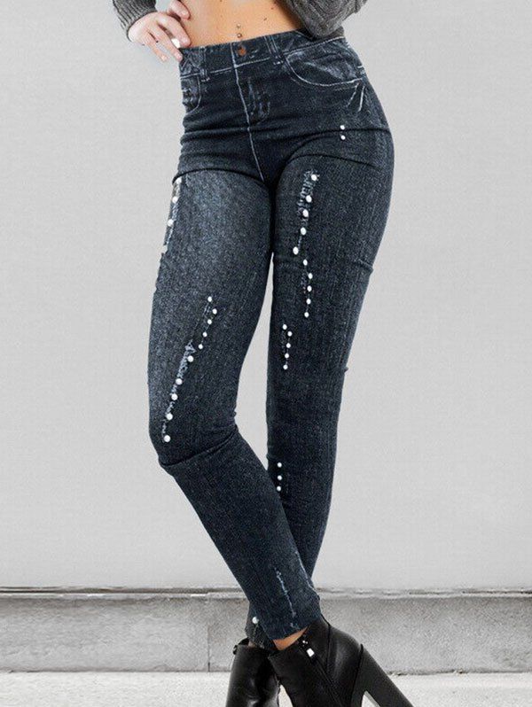 

3D Print Beading Embellished High Rise Skinny Jeggings, Black