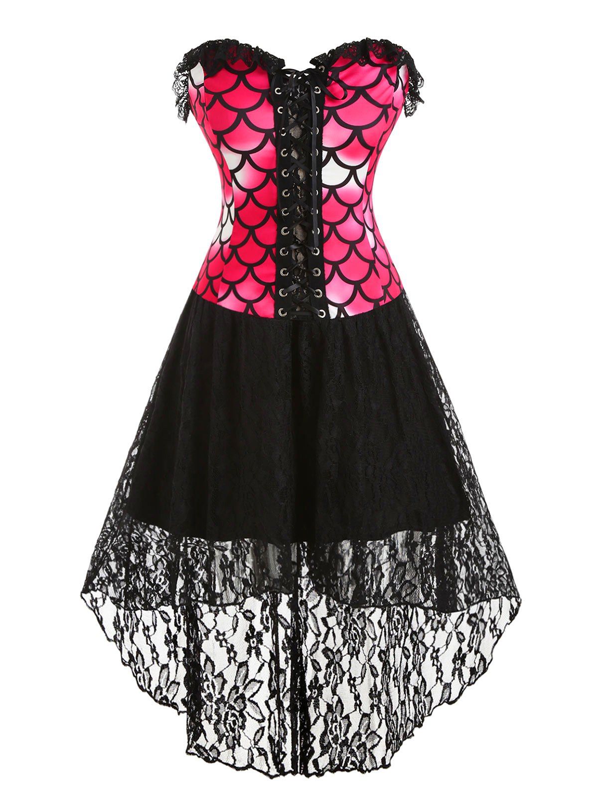 

Lace Up Lace Panel High Low Mermaid Scales Print Plus Size Corset Dress, Black