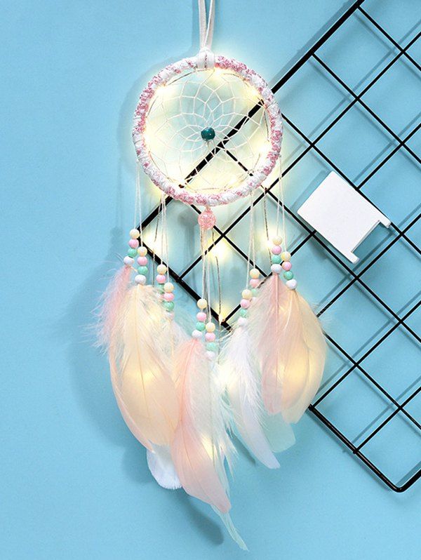

Handmade LED Light Colorful Beaded Feather Dream Catcher, Pig pink