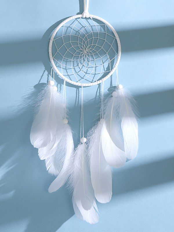 

Handmade Beaded Feather LED Light Dream Catcher, White
