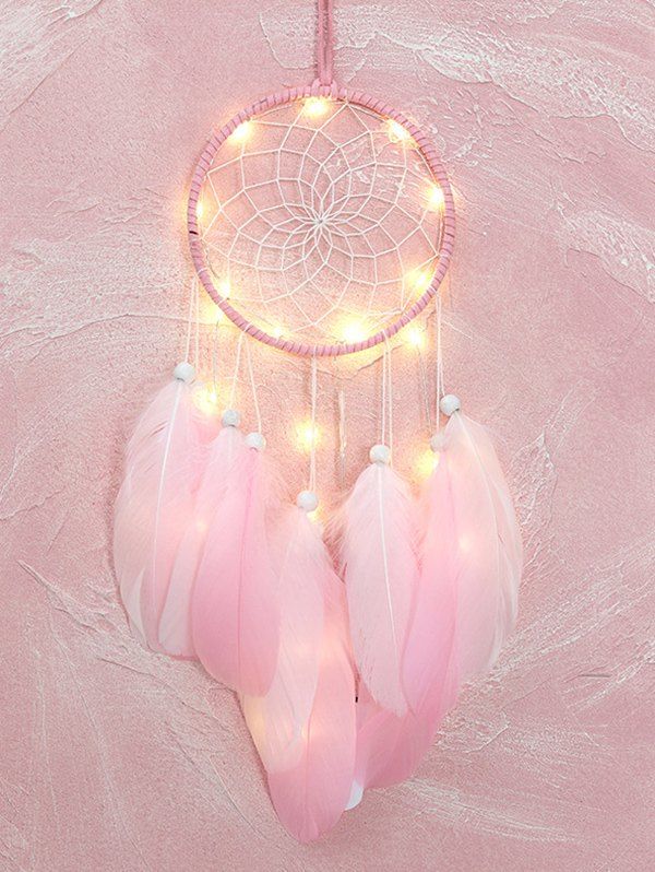 

Handmade Beaded Feather LED Light Dream Catcher, Pig pink