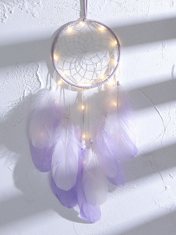 

Handmade Beaded Feather LED Light Dream Catcher, Purple mimosa