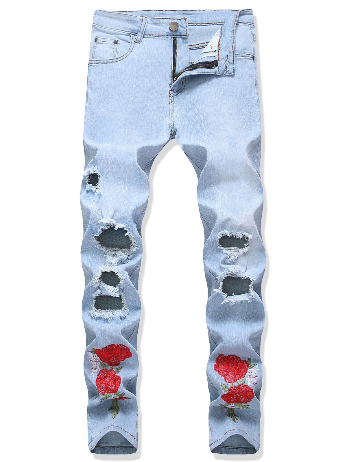 

Flower Embroidery Ripped Long Jeans, Jeans blue