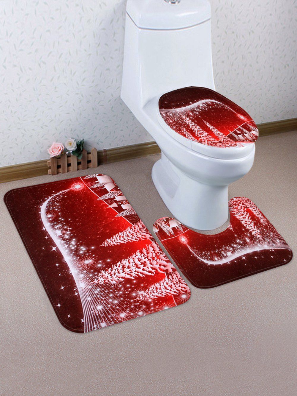 

Christmas Tree Stars Village Letters Pattern 3 Pcs Toilet Mat Set, Multi