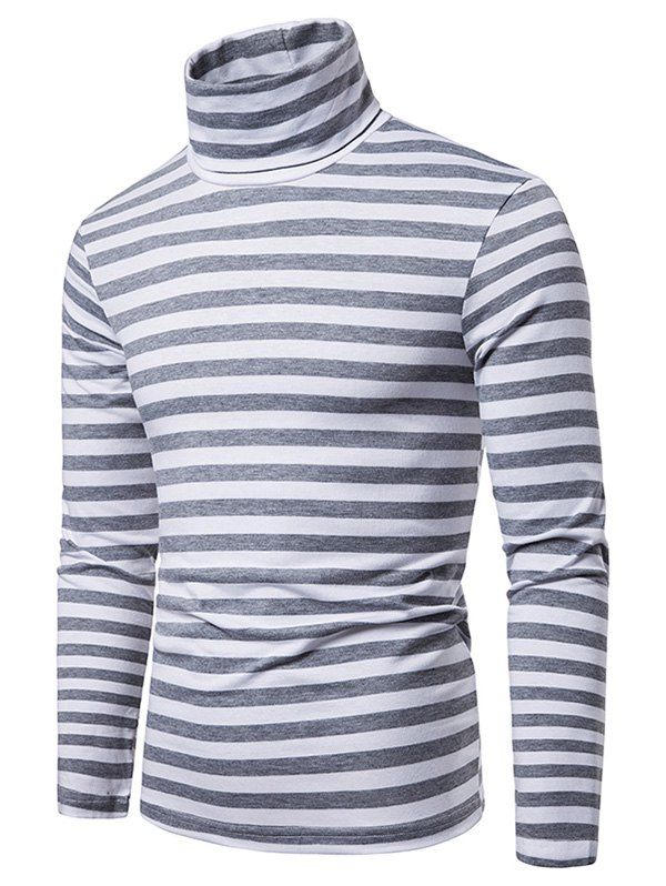 

Striped Pattern Long Sleeves Turtleneck T-shirt, Light gray