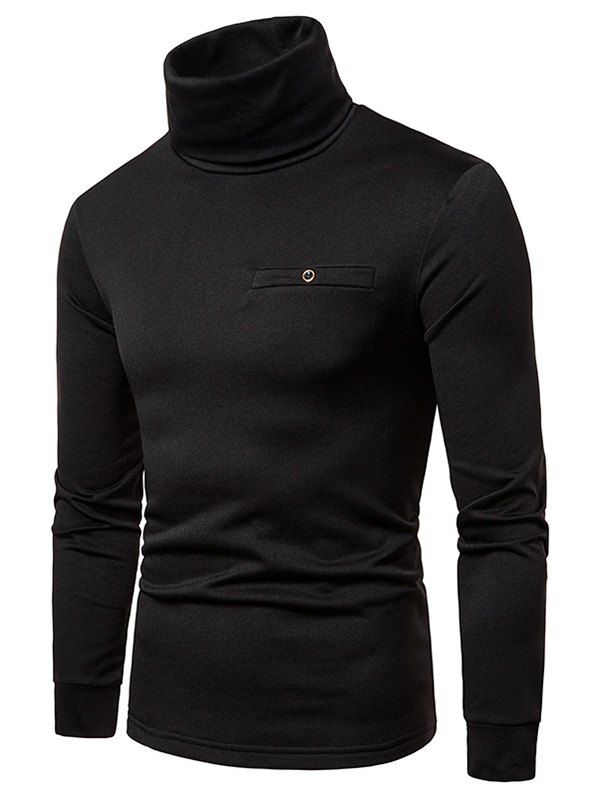 

Solid Color Turtleneck Faux Pocket Fleece T-shirt, Black