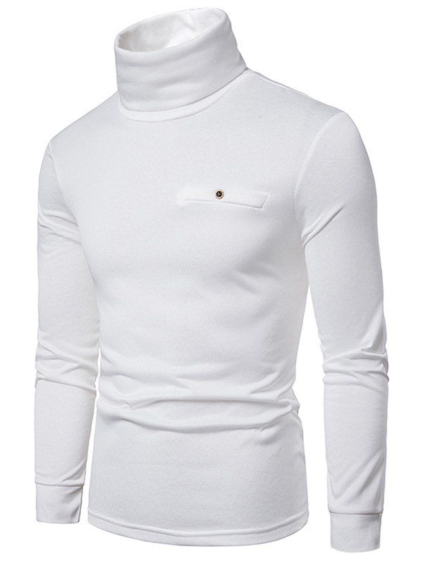 

Solid Color Turtleneck Faux Pocket Fleece T-shirt, White