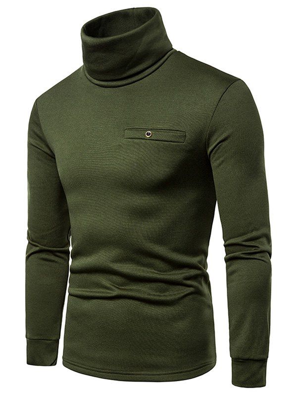 

Solid Color Turtleneck Faux Pocket Fleece T-shirt, Army green