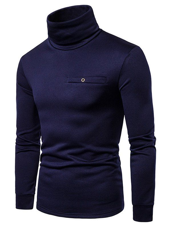 

Solid Color Turtleneck Faux Pocket Fleece T-shirt, Cadetblue