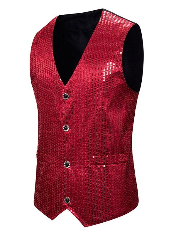 

Glitter Sequined Single Breasted Tuxedo Vest, Red
