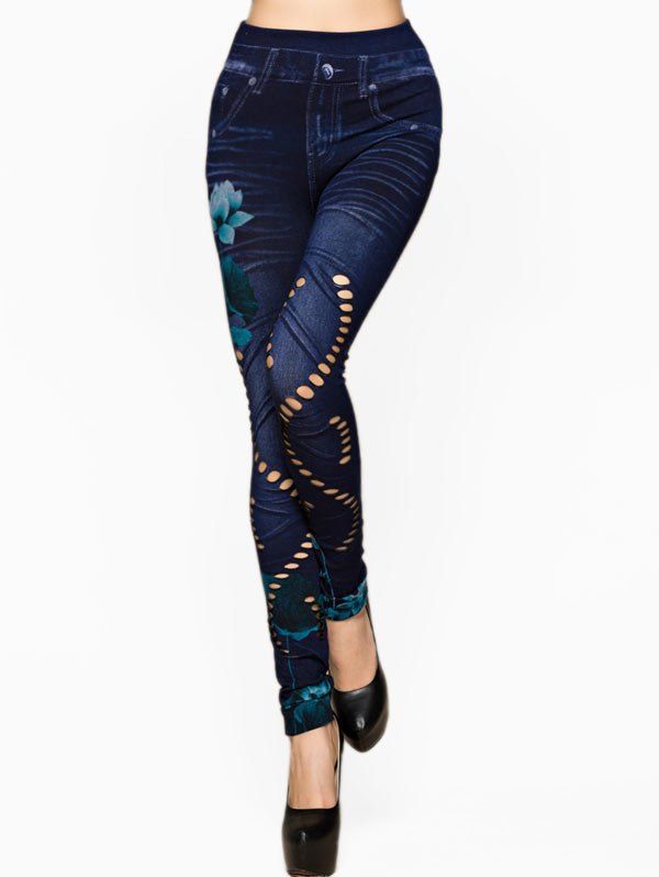 

Floral Print Hollow Out High Waisted 3D Jeggings, Denim dark blue