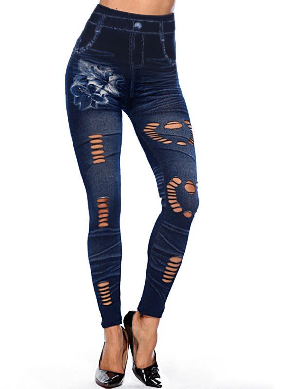 

Floral Print Hollow Out High Rise 3D Jeggings, Denim dark blue
