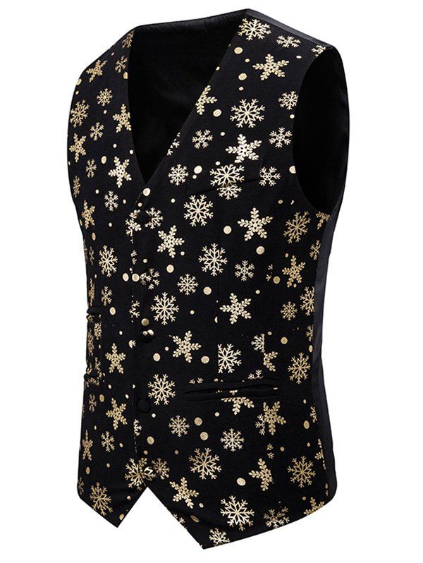

Christmas Snowflake Print Single Breasted Tuxedo Vest, Gold