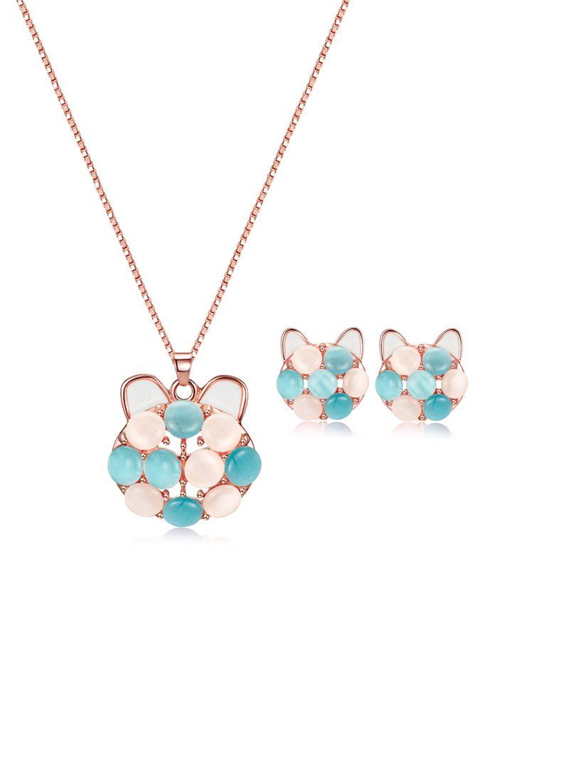 

Faux Gem Kitten Necklace and Earrings, Blue