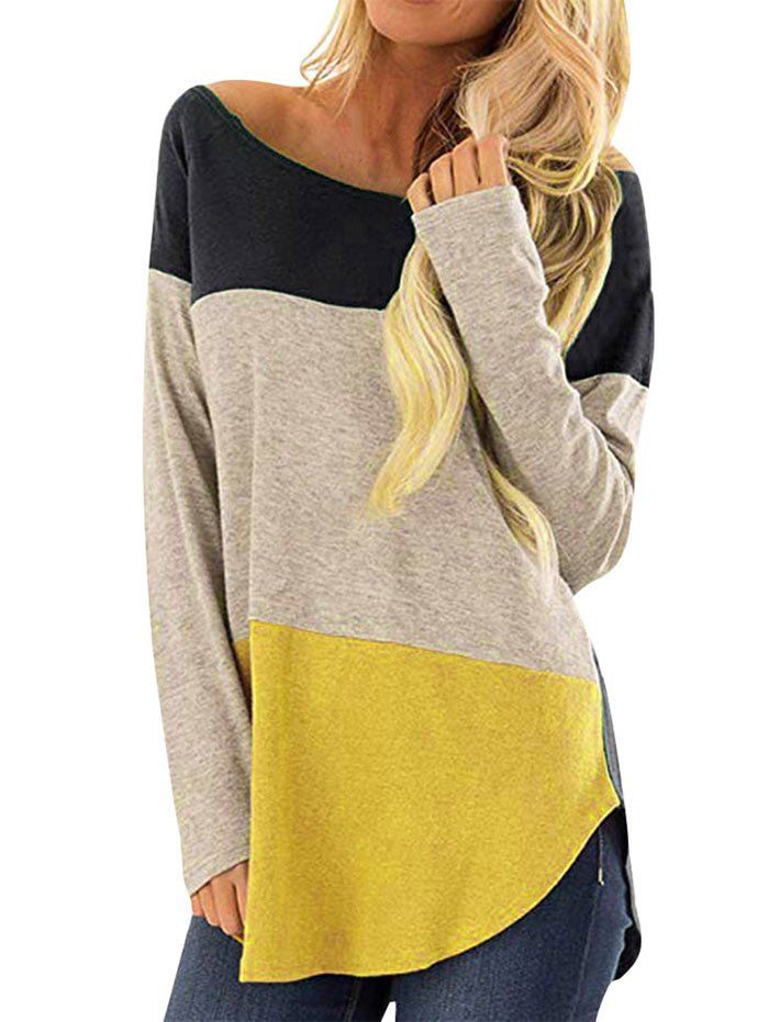

Colorblock Curved Hem Long Sleeve Top, Cadetblue