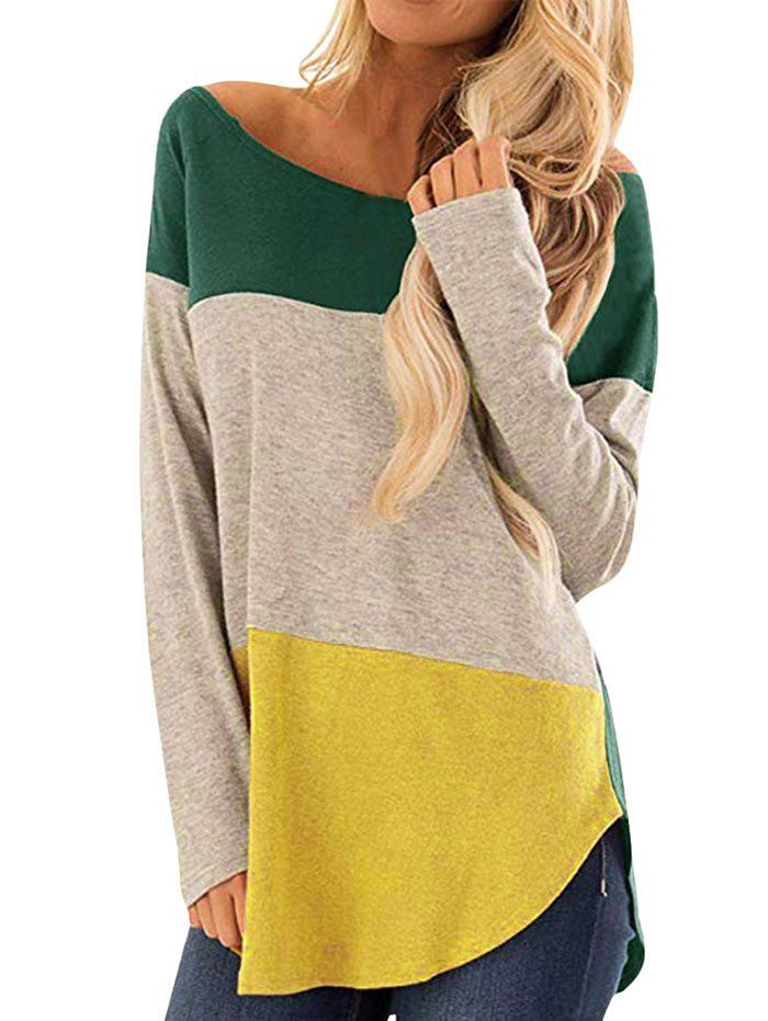 

Colorblock Curved Hem Long Sleeve Top, Pine green