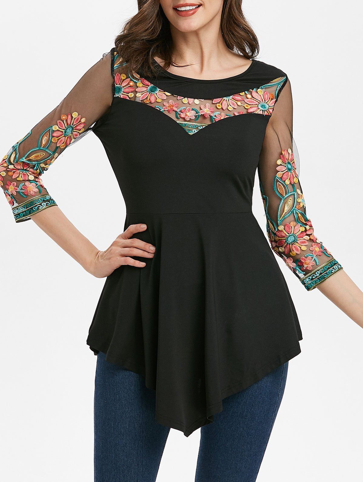 

Embroidered Round Collar Tunic T Shirt, Multi-a
