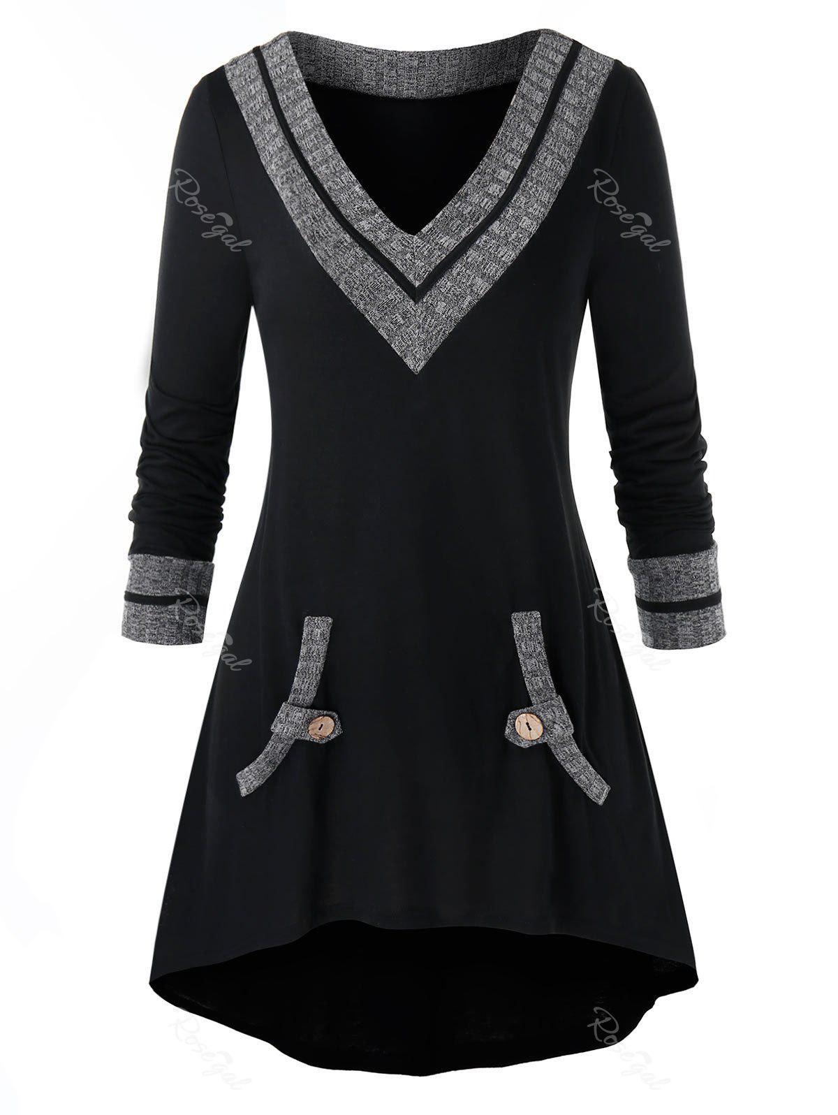 

Plus Size High Low Contrast Trim Long T Shirt, Black