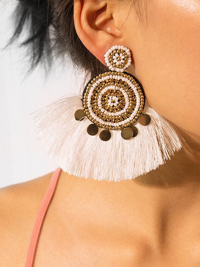 

Ethnic Fringe Beads Round Earrings, White