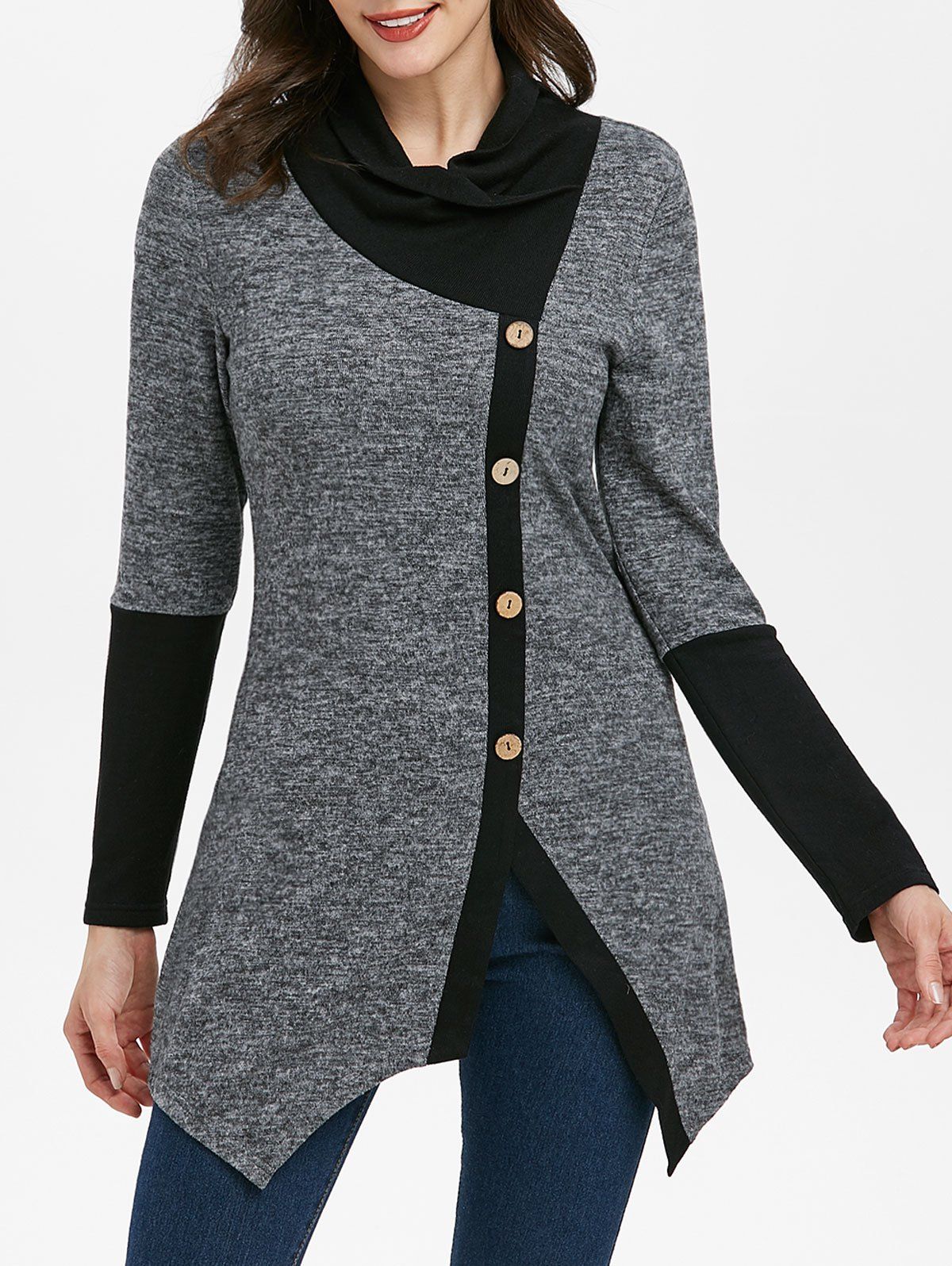 

Asymmetric Mock Button Contrast Heathered T-shirt, Carbon gray