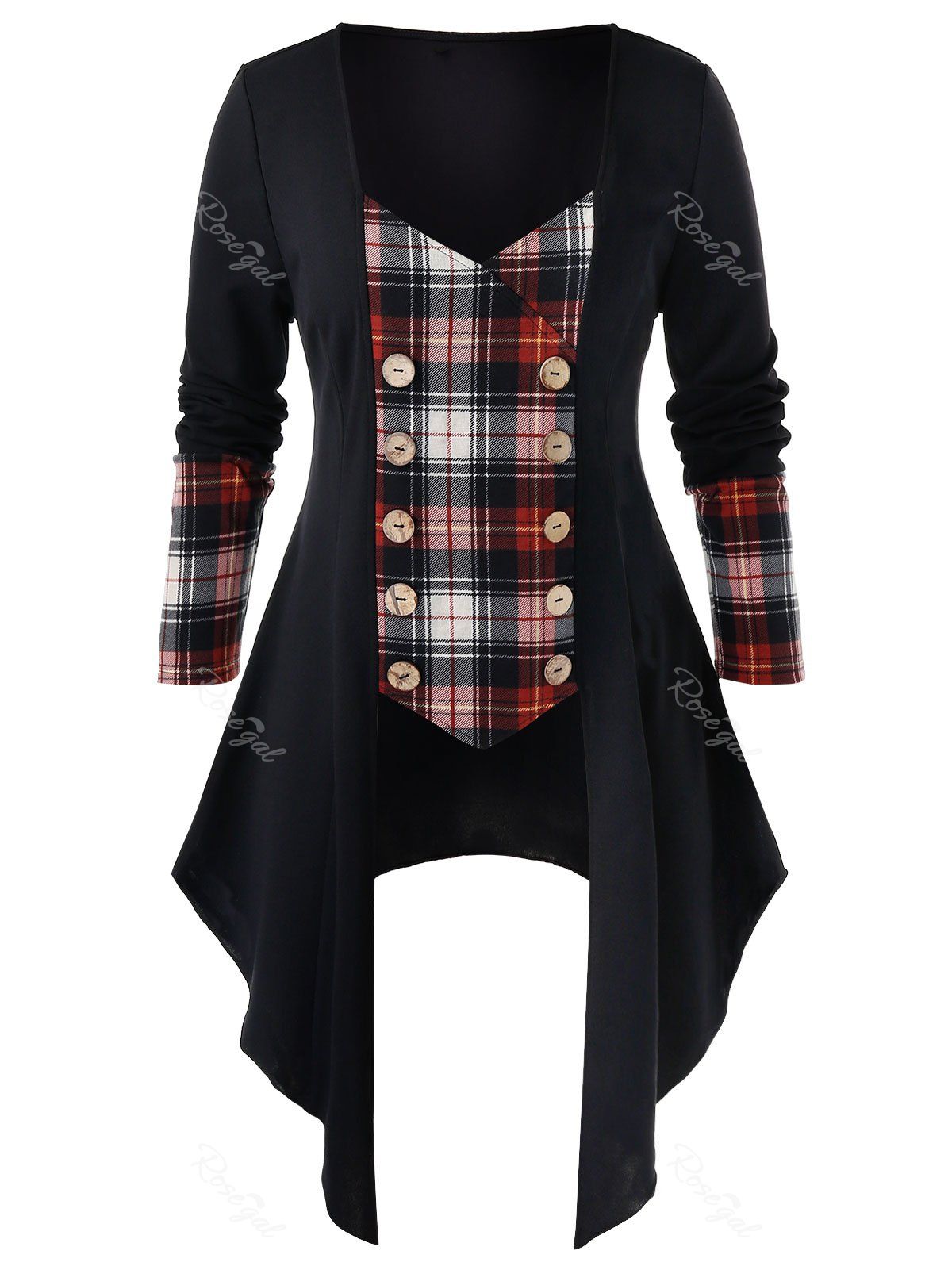 

Plus Size Buttoned Plaid Asymmetric T Shirt, Black