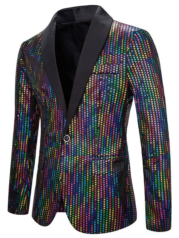

Shiny Colorful Sequined One Button Shawl Collar Blazer, Multi