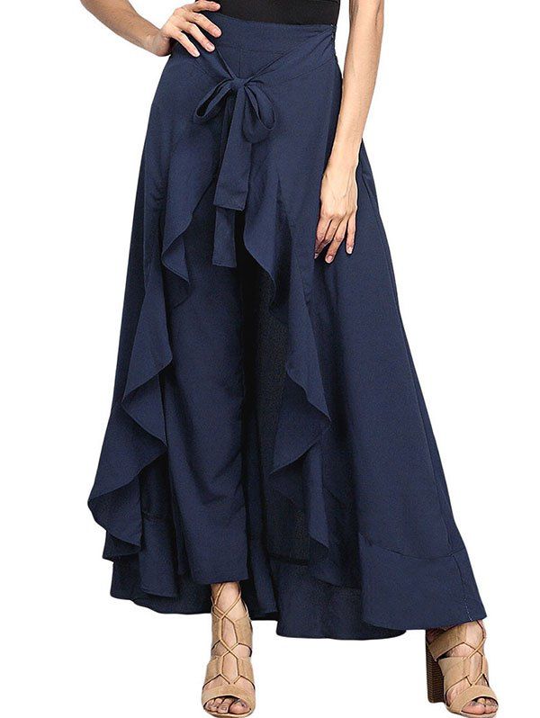 

Ruffle Waist Tie Skirt Pants, Cadetblue