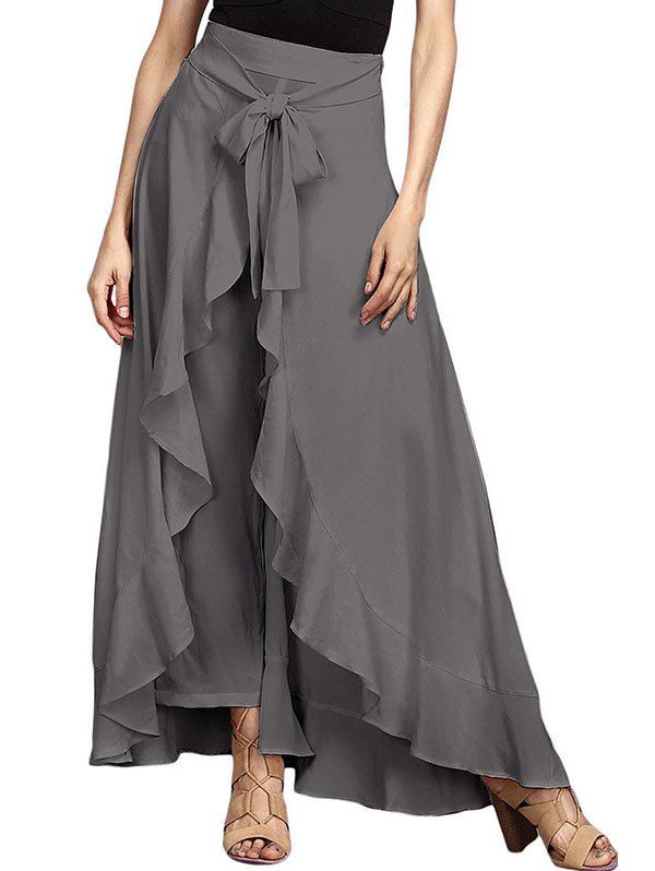 

Ruffle Waist Tie Skirt Pants, Gray