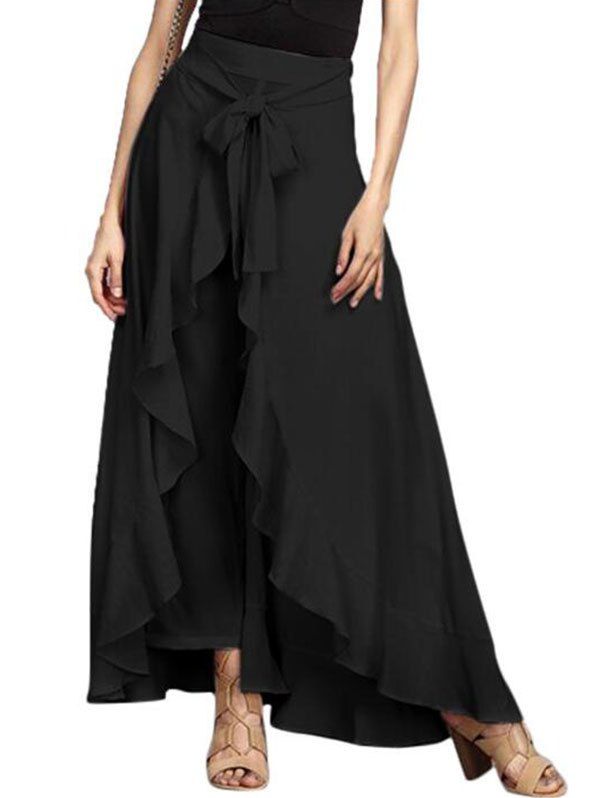 

Ruffle Waist Tie Skirt Pants, Black