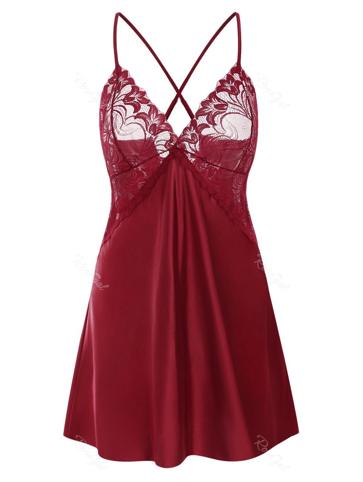 

Plus Size Satin Lace Sheer Cross Back Cami Babydoll, Red wine