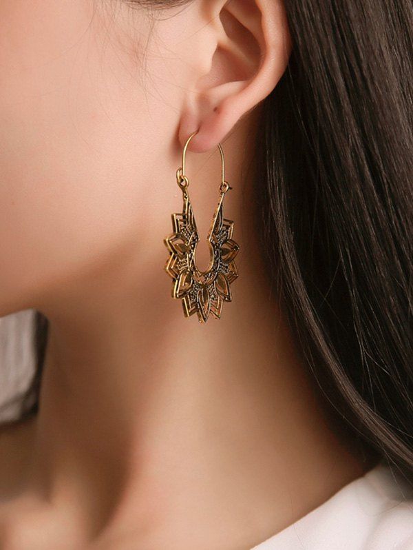 

Ethnic Engraved Flower Dangle Earrings, Gold