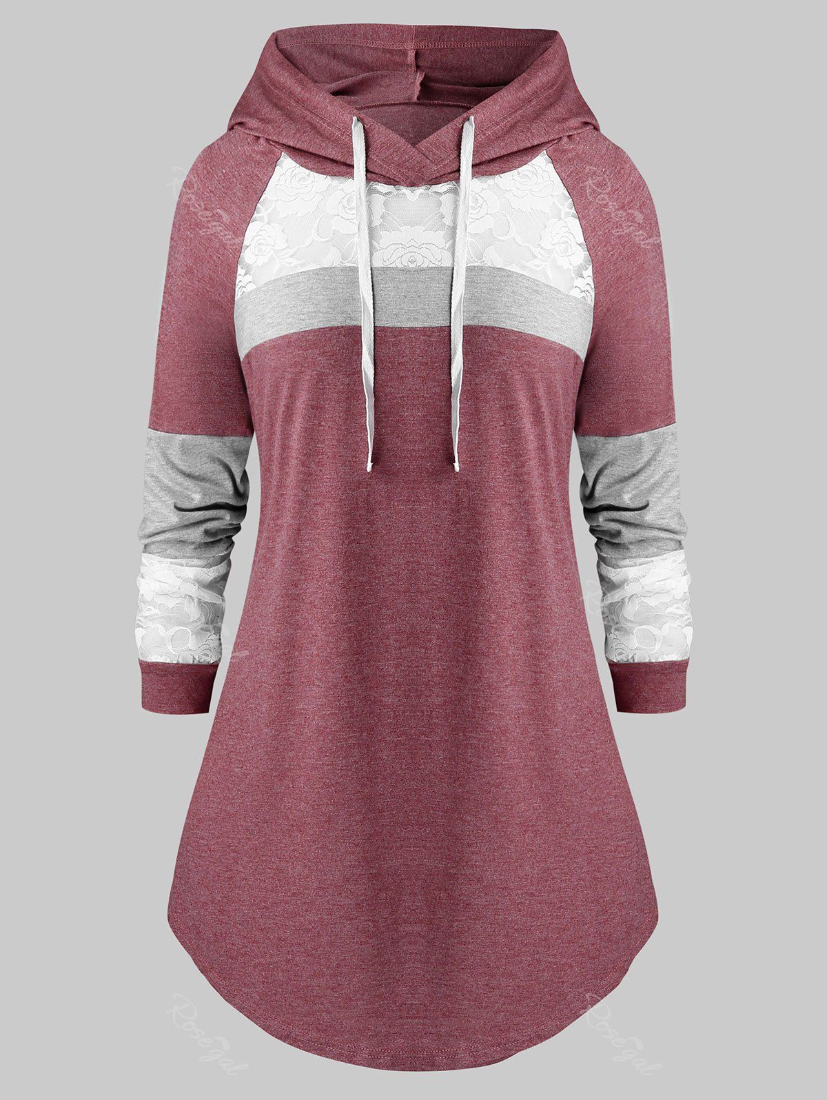 

Plus Size Lace Panel Hooded Color-blocking Curved Tunic Tee, Multi
