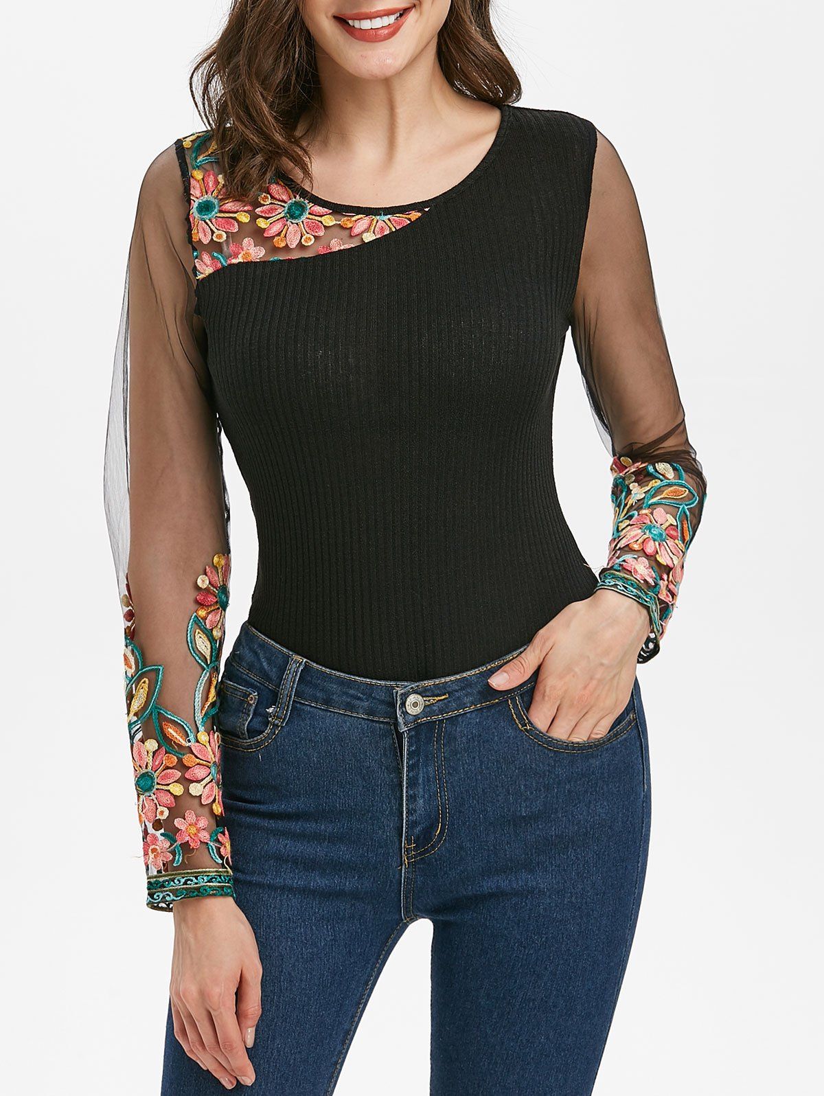 

Sheer Mesh Embroidered T Shirt, Black